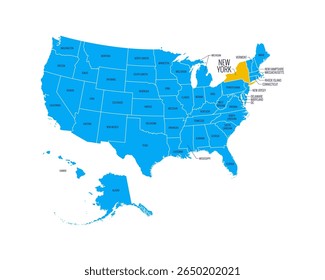 Mapa de Estados Unidos con nombres de estados, resaltado en la Nueva York. Vector fácil de editar