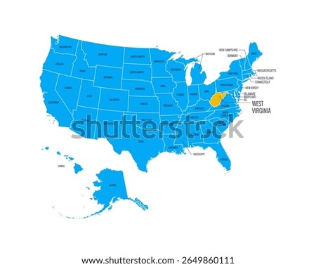 USA Map with state names, highlighted at West Virginia. Easy to edit vector