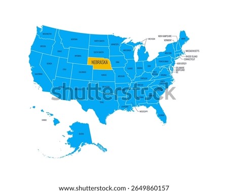 USA Map with state names, highlighted at Nebraska. Easy to edit vector