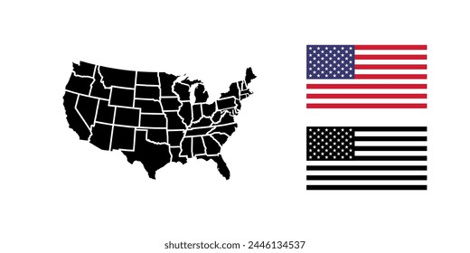 USA map with states. USA flag. Vector icons