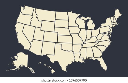 USA Map With States Isolated On A Black Background. United States Of America Blank Map Template. Vintage US Background. Vector Illustration