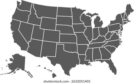 USA map with states isolated, Vector illustration on transparent background,
