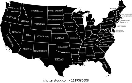 USA map with states labeled vector outline black background