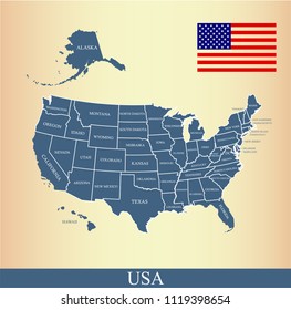 USA map with states labeled vector outline and American flag background