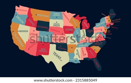 USA map with states name vector design , America map with named every states with different colours of states to identify easily , Us-map design , america map design , united states map design  商業照片 © 