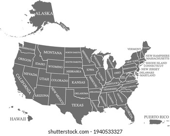 USA map states names labeled