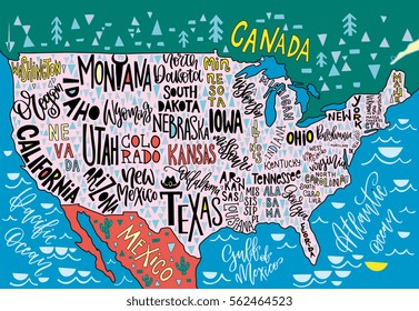 USA map with states - pictorial geographical poster of America, hand drawn lettering design for wall decoration, travel guide, print. Unique creative typography vector illustration. 