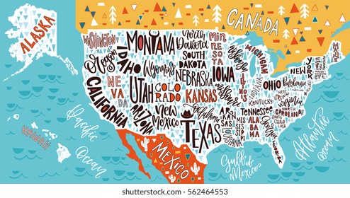 USA map with states - pictorial geographical poster of America, hand drawn lettering design for wall decoration, travel guide, print. Unique creative typography vector illustration. 