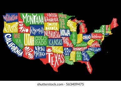 USA map with states - pictorial geographical poster of America, hand drawn lettering design for wall decoration, travel guide, print. Unique creative typography vector illustration. 