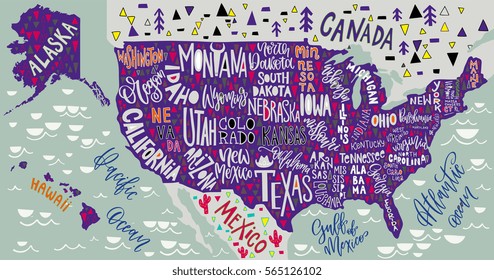 USA map with states - pictorial geographical poster of America, hand drawn lettering design for wall decoration, travel guide, print. Unique creative typography vector illustration. 