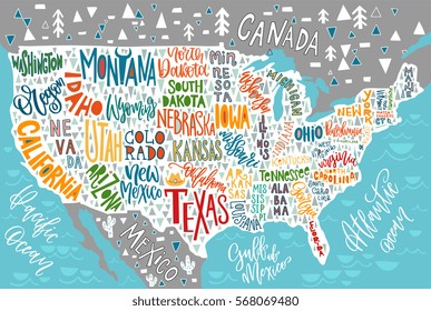 USA map with states - pictorial geographical poster of America, hand drawn lettering design for wall decoration, travel guide, print. Unique creative typography vector illustration. 