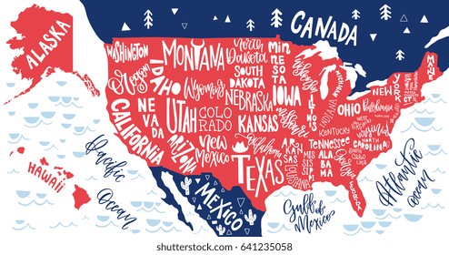 USA map with states - pictorial geographical poster of America, hand drawn lettering design for wall decoration, travel guide, print. Unique creative typography vector illustration. 