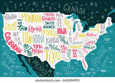 USA map with states - pictorial geographical poster of America, hand drawn lettering design for wall decoration, travel guide, print. Unique creative typography vector illustration. 