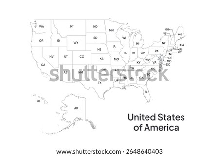 USA Map with States postal abbreviations. Outline scalable vector illustration
