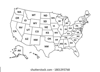 USA map states. Vector line design. High detailed USA map. Labeled with postal abbreviatations. Stock vector. ESP 10