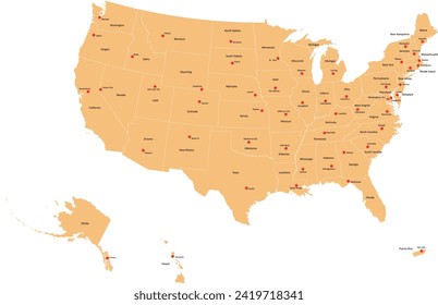 USA map with States'names and Capitals in Contiguous Albers Equal Area Conic Projection used by U.S. Geological Survey (USGS)