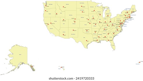 USA map with States'names and Capitals in WGS 1984 Web Mercator Projection (EPSG:3857) used by Google Map