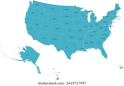 USA map with States'names in Contiguous Albers Equal Area Conic USGS Projection