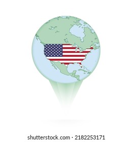 USA map, stylish location icon with USA map and flag. Green pin icon.