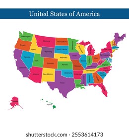 USA Map with Text in each states, Digital United States of America Map isolated in white background 