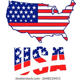 Mapa dos EUA e Texto com Design de Bandeira. Um design impressionante com o mapa dos Estados Unidos repleto de estrelas e listras da bandeira americana, emparelhado com o texto "EUA" também adornado com o padrão da bandeira