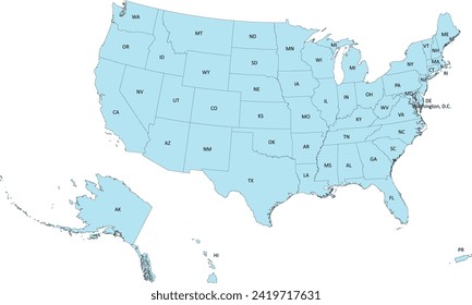 USA map with two-letter State Abbreviations names in Contiguous Albers Equal Area Conic USGS Projection