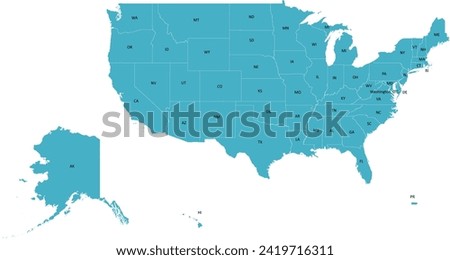 USA map with two-letter State Abbreviations names in WGS 1984 Web Mercator Projection (3857) used by Google Maps