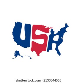 USA map typography. USA map lettering with national flag colors.