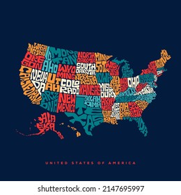 USA map typography. United States of America map typography art. UAS Map lettering with all state's names.