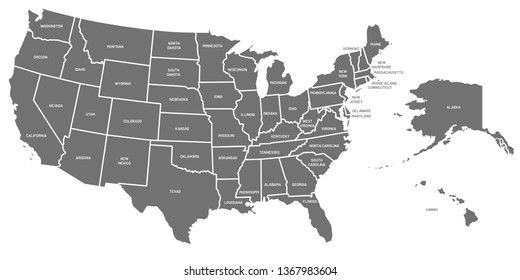 USA map. United States of America poster with state names. Geographic american maps including Alaska and Hawaii. USA geography, geography mapping vector illustration