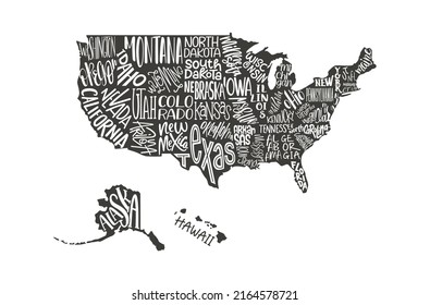 USA MAP. United States of America with text state names. Flat hand drawn black and white vector illustration. Design USA typography map with states text. American map for poster, banner, t-shirt.