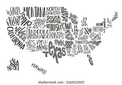 USA MAP. United States of America with text state names. Flat hand drawn vector illustration on a white backgound. Design USA typography map with states text. American map for poster, banner, t-shirt.