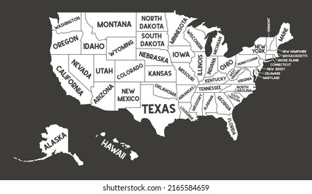 USA MAP. United States of America with text state names. Flat black and white vector illustration. American map for poster, banner, t-shirt. Design USA typography map with states text.