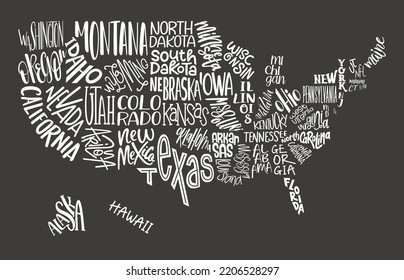 USA MAP. United States of America with script text state names. Design USA typography map with states names. Flat black and white vector illustration. American map for poster, banner.