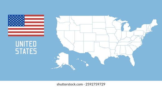 USA map. United States Of America map. Vector US map with USA flag isolated on blue background.	