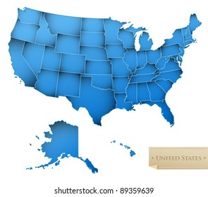 USA Map - United States Of America With All 50 States - Blue Color - Isolated On White - Vector