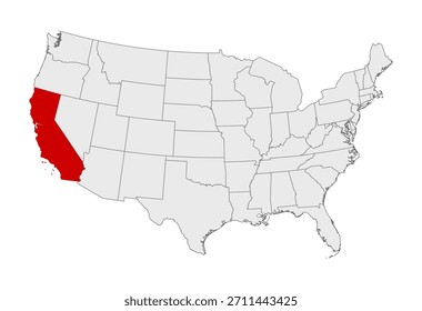USA Map Vetor com Estado da Califórnia Destacado em Vermelho Político Estados Unidos Geografia Ilustração