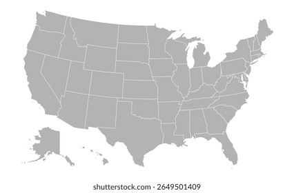 USA map vector with clear state borders, including Alaska and Hawaii. Minimal editable silhouette ideal for education, infographics, geography, or presentation design purposes.