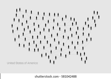 USA Map. Vector Map Depicts People Connecting Through A Large Internet Web Line And Dots Forming The Shape Of United States Of America.