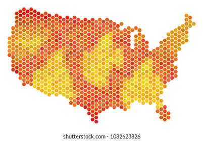 USA map. Vector hex tile territory scheme drawn with orange color tones. Impressive USA map composition is designed of fired hexagon items.
