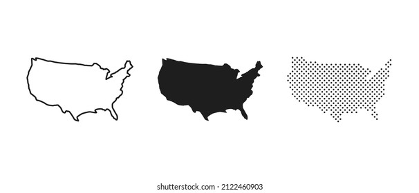 USA map vector icons. United States of America map in flat, lines and dotted design