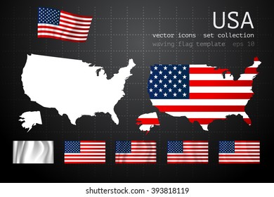 USA map vector iilustration on the dark background with flags set icon collection