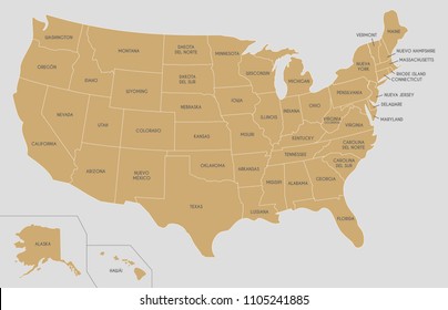 USA Map vector illustration with country names in spanish. Editable and clearly labeled layers.