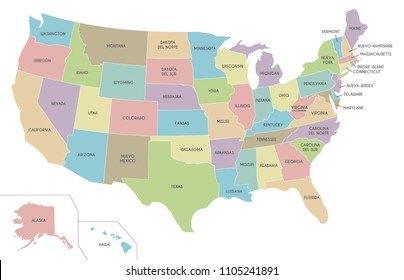 USA Map vector illustration isolated on white background with country names in spanish. Editable and clearly labeled layers.