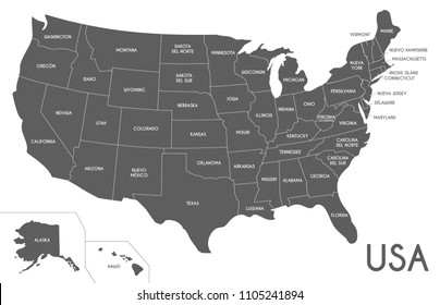 USA Map vector illustration isolated on white background with country names in spanish. Editable and clearly labeled layers.