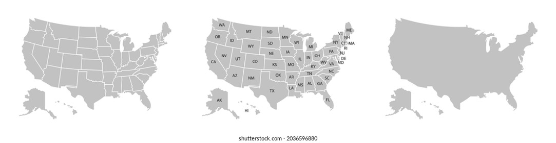 USA map vector illustration. United States of America silhouette. High detailed USA map in flat and outlined style. Vector elements isolated on white background.