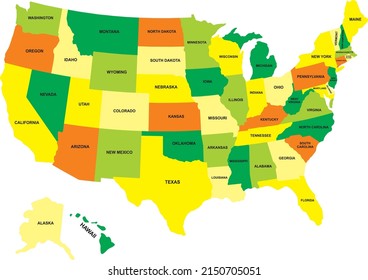 USA map vector multicolored with the names of the states. United states map vector