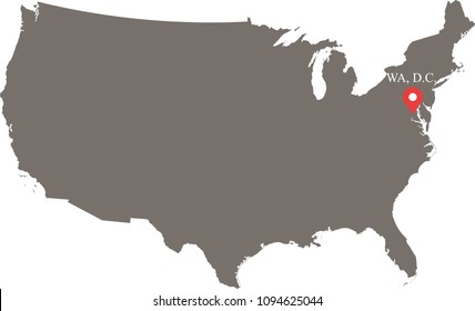 USA map vector outline with capital location and name, Washington DC, in gray background. Highly detailed accurate map of United States of America prepared by a map expert.