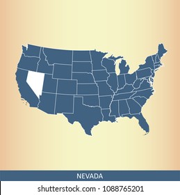 USA map vector outline with highlighted state of Nevada for educational purposes. Creative map of United States of America in grunge background