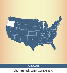 USA map vector outline with highlighted state of Oregon for educational purposes. Creative map of United States of America in grunge background